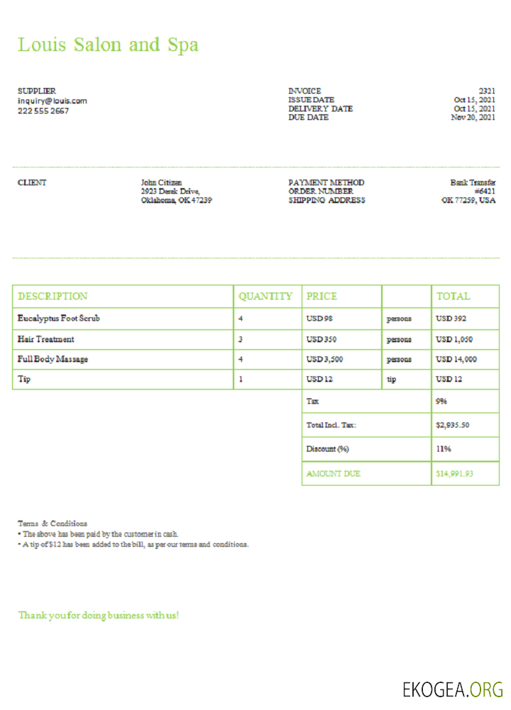 Facture USA Louis Salon et Spa